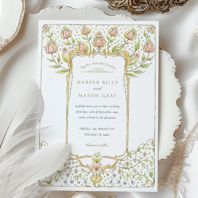 Rococo Pink Bud Floral Nouveau Wedding Invitation (Creator Uploaded)