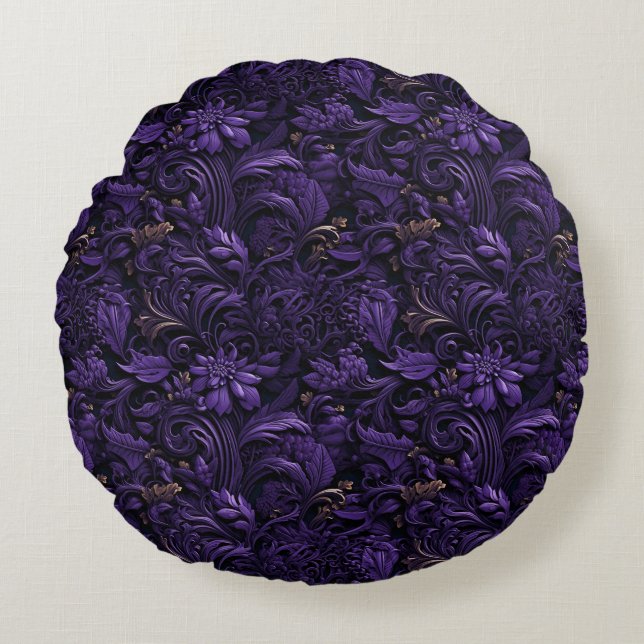 Rococo Realms: Dark Purple & Gold Intricate Pillow (Front)