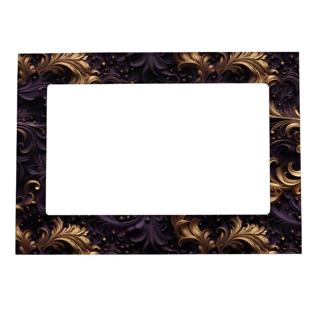 Rococo Realms: Golden Dark Purple Floral Beads Magnetic Frame (Front)