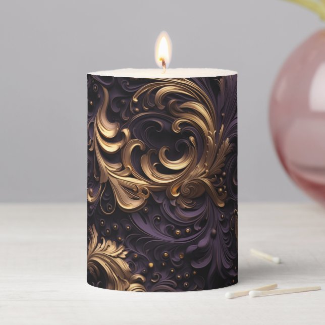 Rococo Realms: Golden Dark Purple Floral Beads Pillar Candle (In Situ)