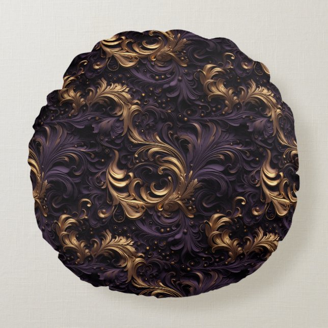 Rococo Realms: Golden Dark Purple Floral Beads Round Pillow (Front)