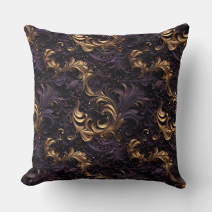 Rococo Realms: Golden Dark Purple Floral Beads Throw Pillow