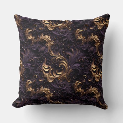 Rococo Realms Golden Dark Purple Floral Beads Throw Pillow