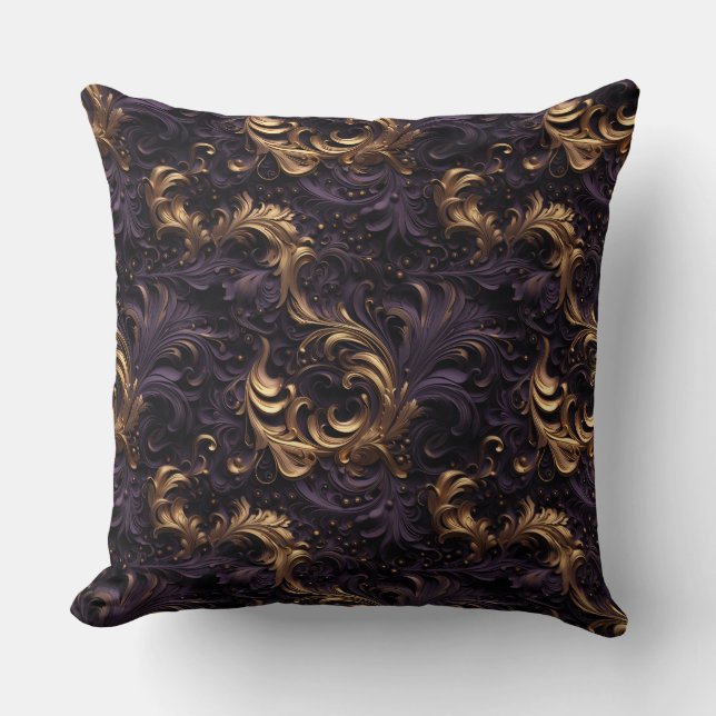 Rococo Realms: Golden Dark Purple Floral Beads Throw Pillow (Front)