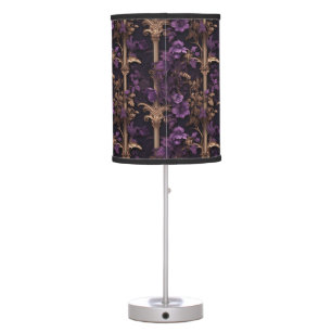 Rococo Realms: Golden Dark Purple Floral Columns Table Lamp