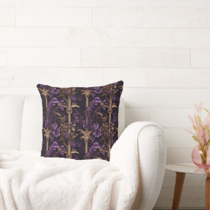 Rococo Realms: Golden Dark Purple Floral Columns Throw Pillow