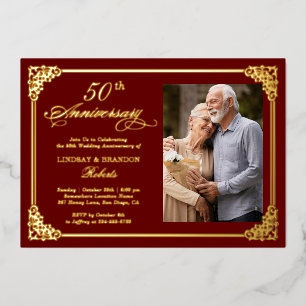 Rococo Red Gold Frame Wedding Anniversary Photo Foil Invitation