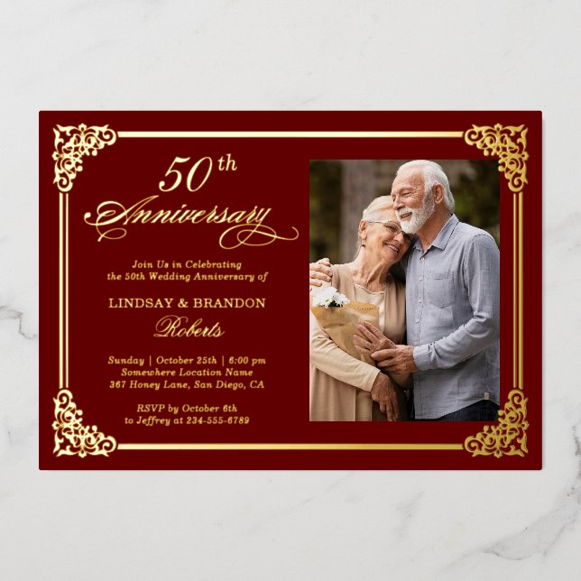 Rococo Red Gold Frame Wedding Anniversary Photo Foil Invitation (Front)