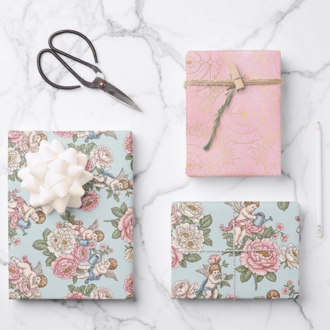 Rococo Revival Cherub Floral Toile Wrapping Paper (Front)