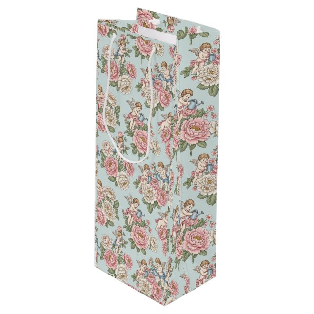Rococo Revival Cherub Floral Toile Wrapping Paper Wine Gift Bag (Front Angled)