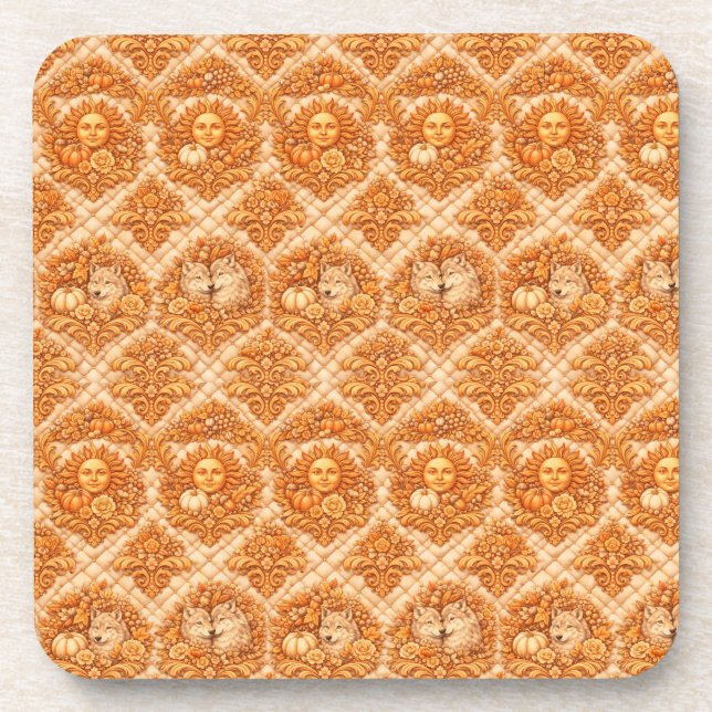 Rococo Revival Damask Nature Pattern Beverage Coaster (Front)