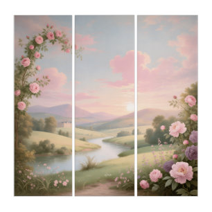 Rococo Rose River Landscape Mural Triptych