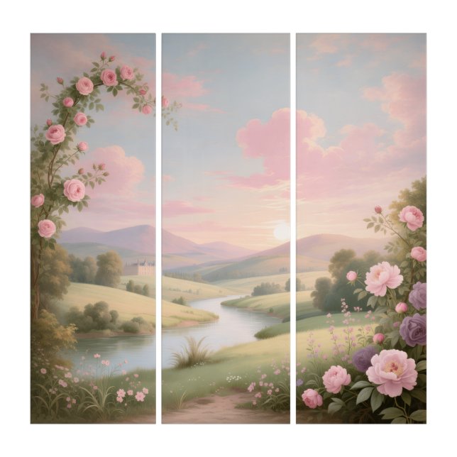 Rococo Rose River Landscape Mural Triptych (Front)