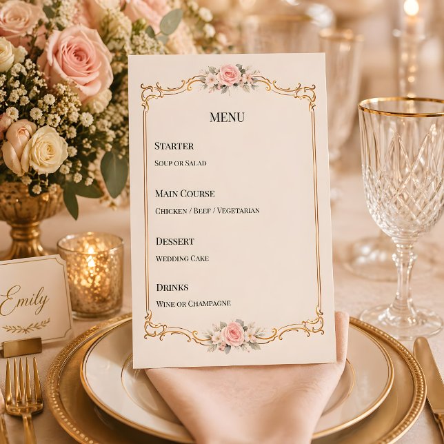 Rococo Theme Elegant Blush Wedding Menu (Ricoco themed wedding reception dinner menu)