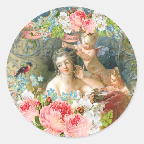 Rococo vintage Venus Angels Roses Birds  Classic Round Sticker