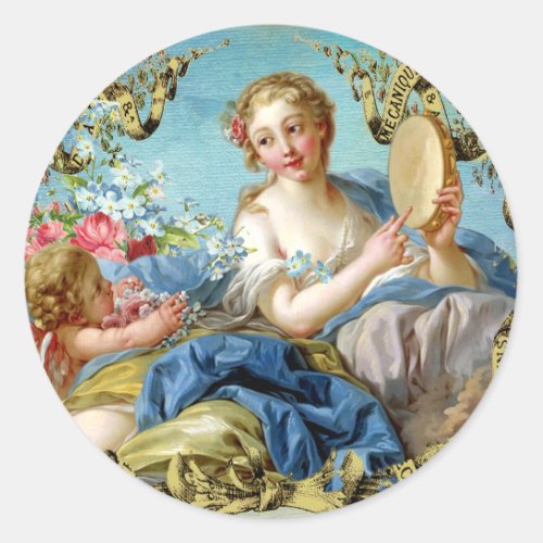 Rococo vintage Venus Angels Roses tambourine Classic Round Sticker