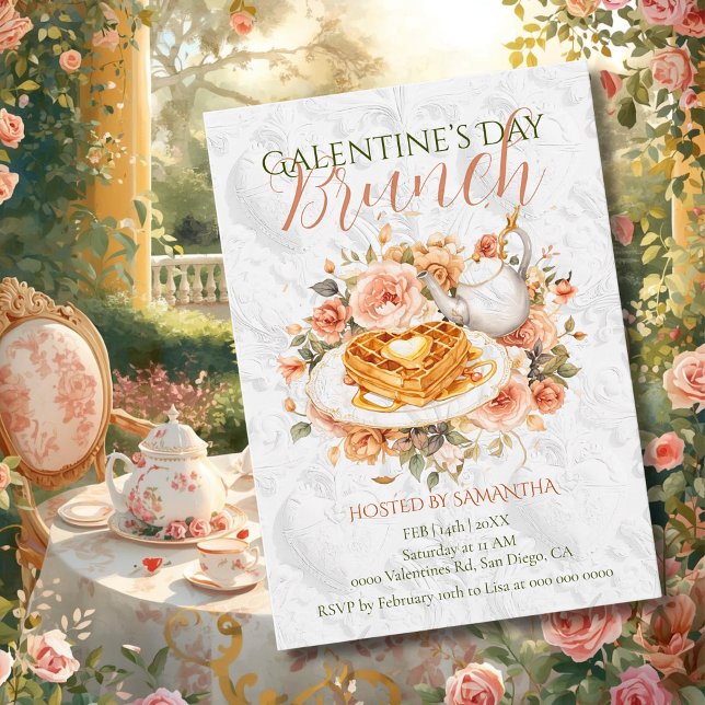 Rococo Waffle Tea Galentine Brunch Floral Elegance Invitation (Creator Uploaded)