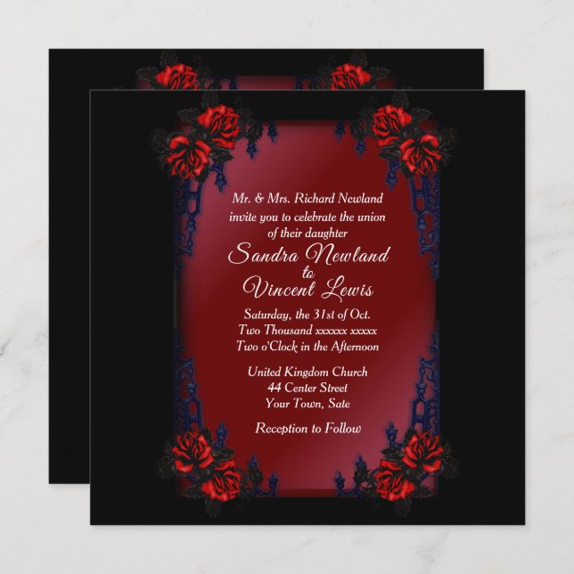 Rod Iron Roses on Blood Red Victorian  Invitation (Front/Back)