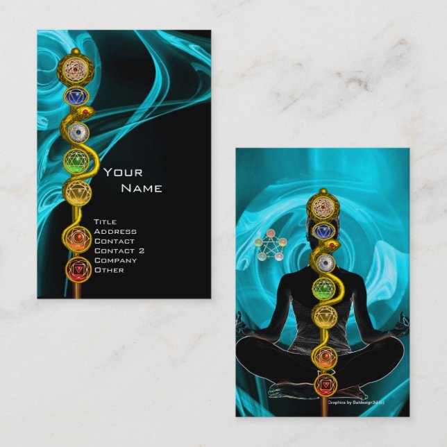 ROD OF ASCLEPIUS,7 CHAKRAS YOGA LOTUS POSE Blue Business Card (Front/Back)