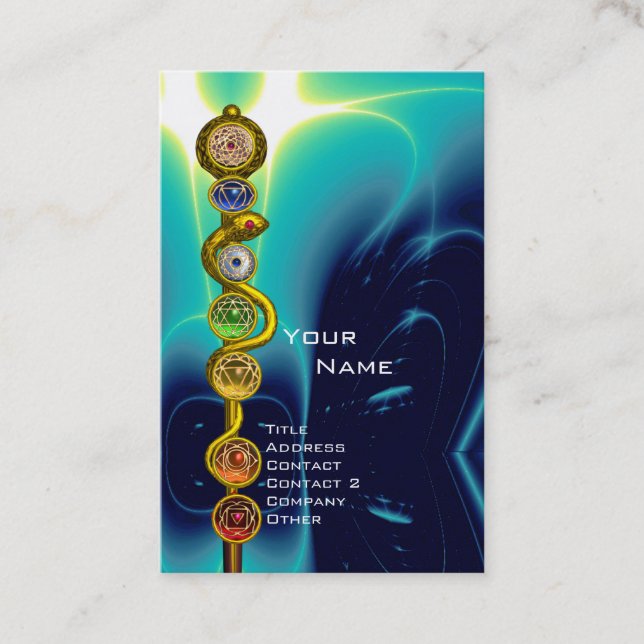 ROD OF ASCLEPIUS,7 CHAKRAS YOGA LOTUS POSE Blue Business Card (Front)