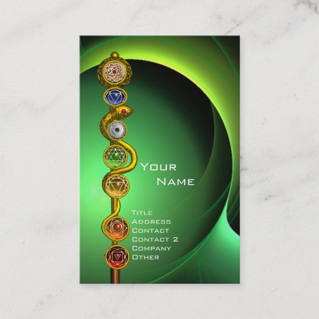 ROD OF ASCLEPIUS,7 CHAKRAS YOGA LOTUS POSE Green Business Card (Front)