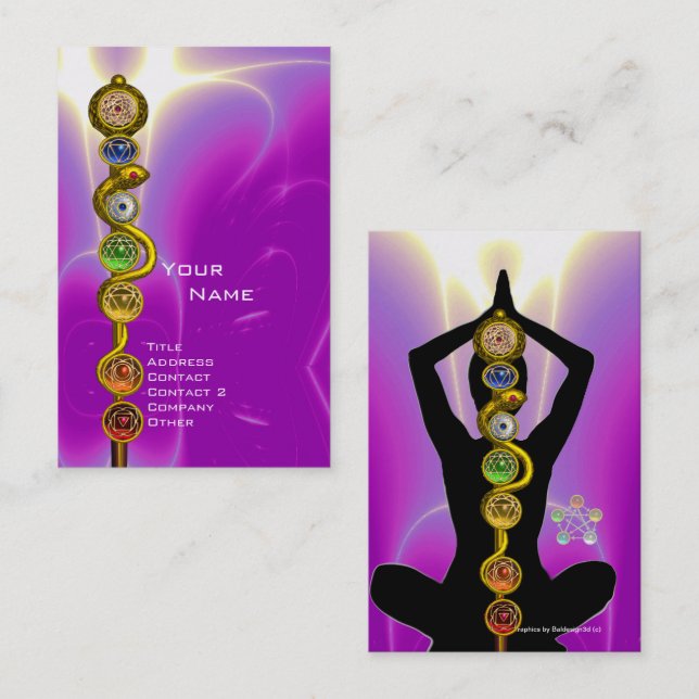 ROD OF ASCLEPIUS,7 CHAKRAS YOGA LOTUS POSE Pink Business Card (Front/Back)