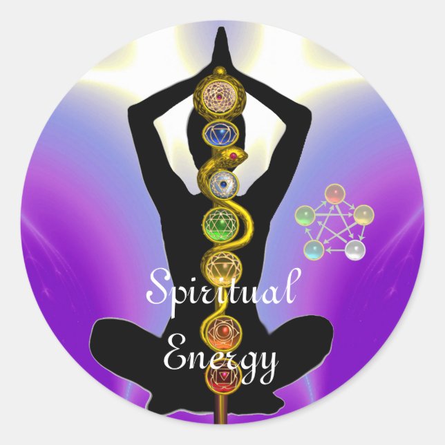 ROD OF ASCLEPIUS 7 CHAKRAS,YOGA LOTUS POSE Purple Classic Round Sticker (Front)