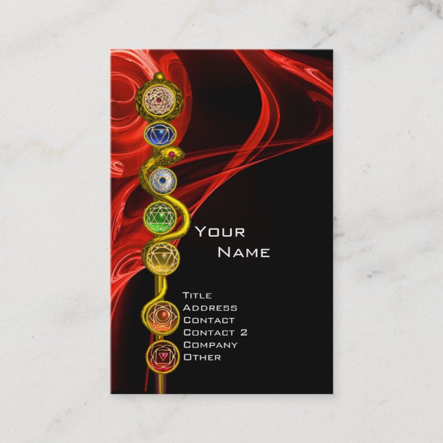 ROD OF ASCLEPIUS,7 CHAKRAS YOGA LOTUS POSE Red Business Card (Front)