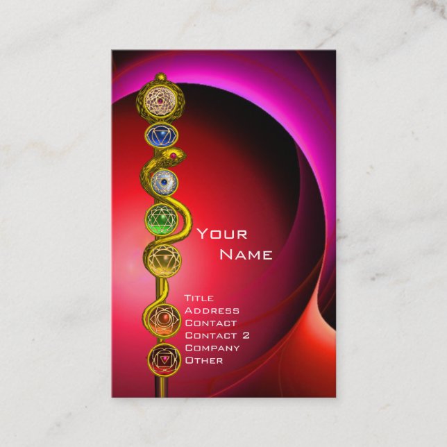 ROD OF ASCLEPIUS,7 CHAKRAS YOGA LOTUS POSE Red Business Card (Front)