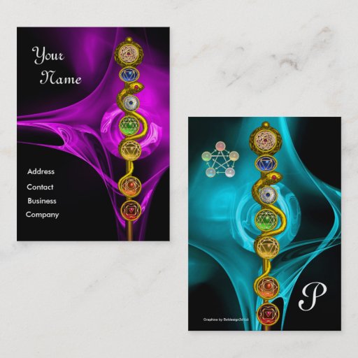 Customizable ROD OF ASCLEPIUS WITH 7 CHAKRAS ,SPIRITUAL ENERGY BUSINESS CARD TEMPLATE