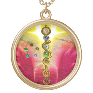 ROD OF ASCLEPIUS 7 CHAKRAS,YOGA ,SPIRITUAL ENERGY GOLD PLATED NECKLACE