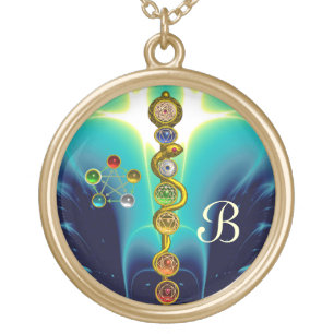 ROD OF ASCLEPIUS 7 CHAKRAS,YOGA ,SPIRITUAL ENERGY GOLD PLATED NECKLACE
