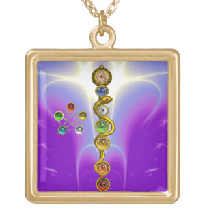 ROD OF ASCLEPIUS 7 CHAKRAS,YOGA ,SPIRITUAL ENERGY GOLD PLATED NECKLACE