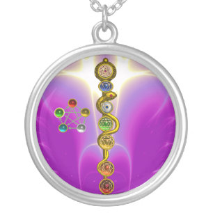 ROD OF ASCLEPIUS 7 CHAKRAS,YOGA ,SPIRITUAL ENERGY SILVER PLATED NECKLACE