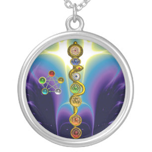 ROD OF ASCLEPIUS 7 CHAKRAS,YOGA ,SPIRITUAL ENERGY SILVER PLATED NECKLACE