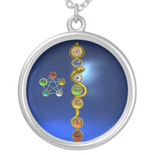 ROD OF ASCLEPIUS 7 CHAKRAS,YOGA ,SPIRITUAL ENERGY SILVER PLATED NECKLACE