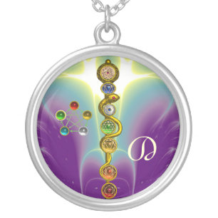 ROD OF ASCLEPIUS 7 CHAKRAS,YOGA ,SPIRITUAL ENERGY SILVER PLATED NECKLACE