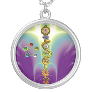 ROD OF ASCLEPIUS 7 CHAKRAS,YOGA ,SPIRITUAL ENERGY SILVER PLATED NECKLACE