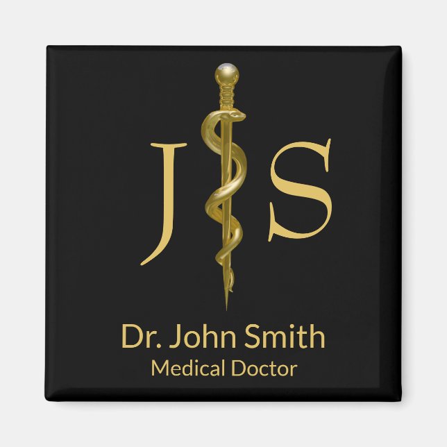 Rod of Asclepius Classy Medical Gold on Black Magnet (Front)