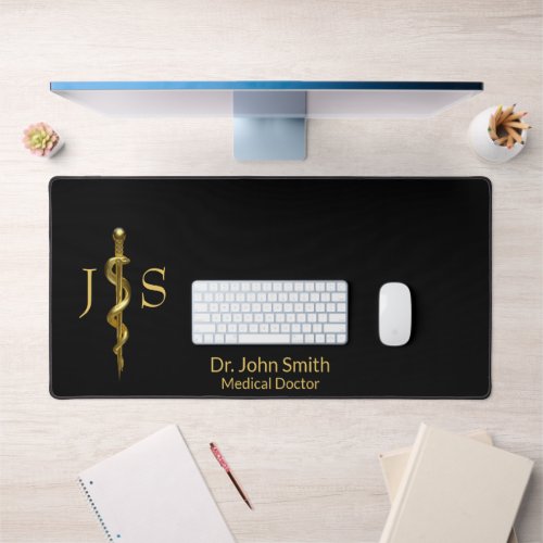 Rod of Asclepius Classy Medical Gold on White Desk Mat