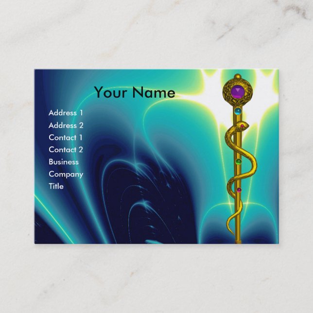 ROD OF ASCLEPIUS Gold Medical Healing Symbol Blue Business Card (Front)