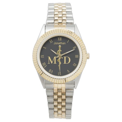 Rod of Asclepius Gold on Black Medical Doctor MD Watch