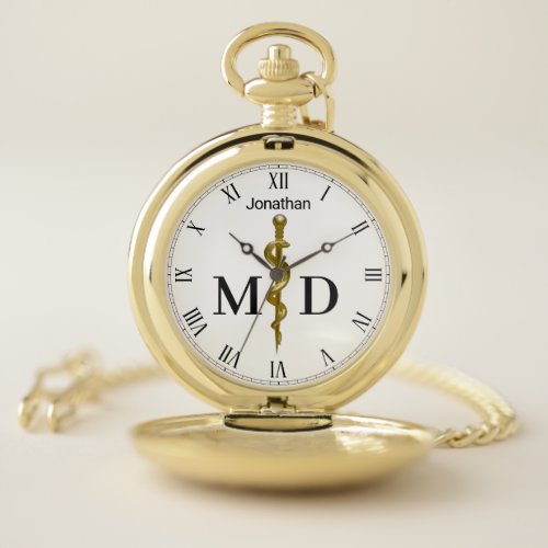 Rod of Asclepius Gold on White Medical Doctor MD Pocket Watch