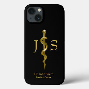 Rod of Asclepius Medical Classy Gold on Black iPhone 13 Case