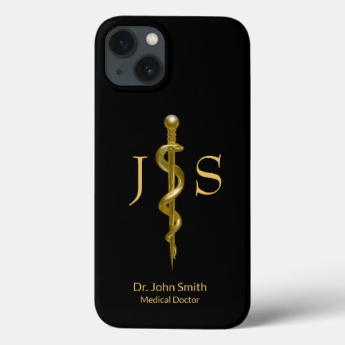 Rod of Asclepius Medical Classy Gold on Black iPhone 13 Case