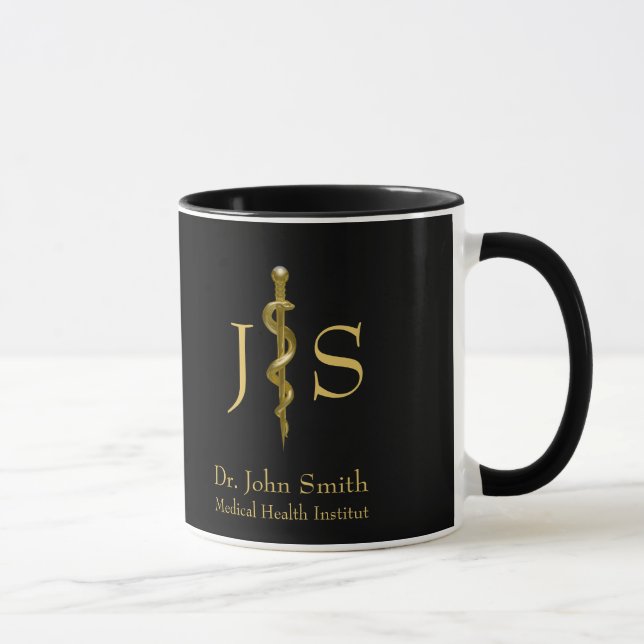 Rod of Asclepius Medical Classy Gold on Black Mug (Right)