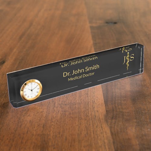 Rod of Asclepius Medical Gold on Black Classy Desk Name Plate