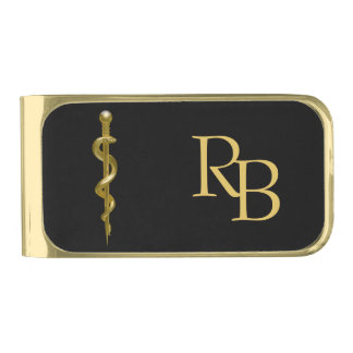 Rod of Asclepius Medical Gold on Black Monogram Finish Money Clip