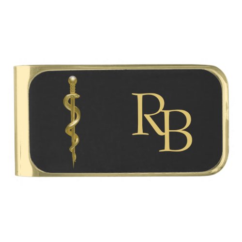 Rod of Asclepius Medical Gold on Black Monogram Gold Finish Money Clip