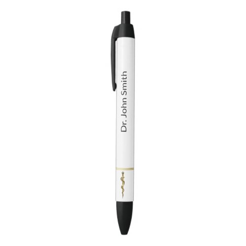 Rod of Asclepius Medical Gold on White Classy Black Ink Pen